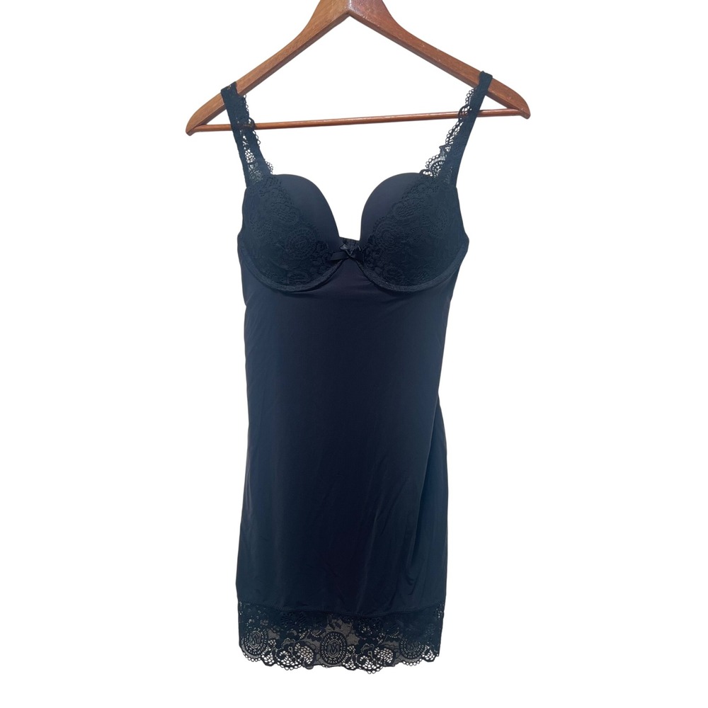 Victorias Secret Black Lace Trim Underwire Slip Dress 34D Push Up Intimates Sexy